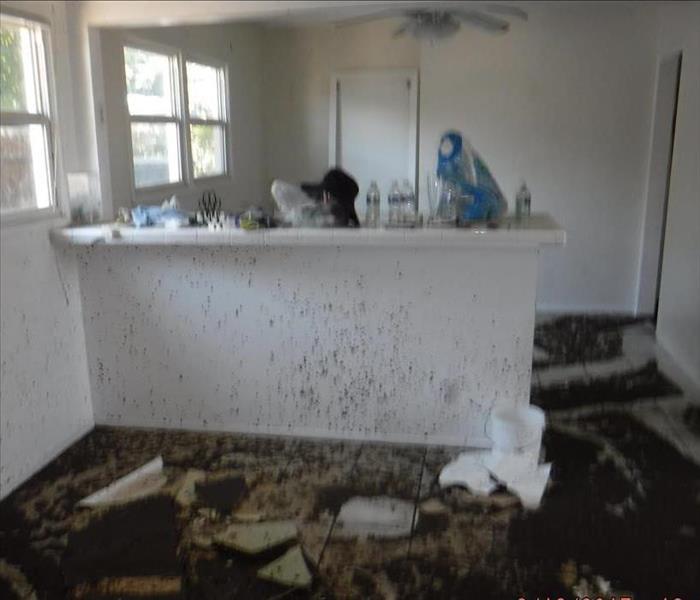 Before photo is showing debris on the floor from fallen ceiling and mold on the walls