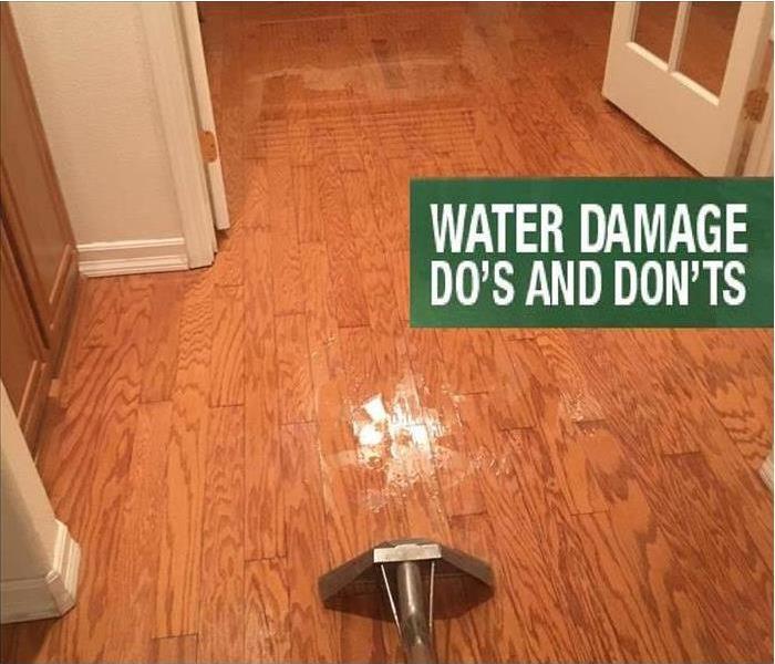 Text says Water Damage Do's and Don'ts. Photo showing a wood floor with water on it and a vacuum nozzle extracting the water