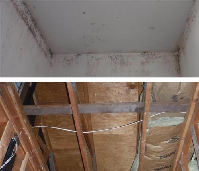 Before and After photo showing mold on a ceiling of a bathroom in the upper photo and the lower photos shows the drywall gone